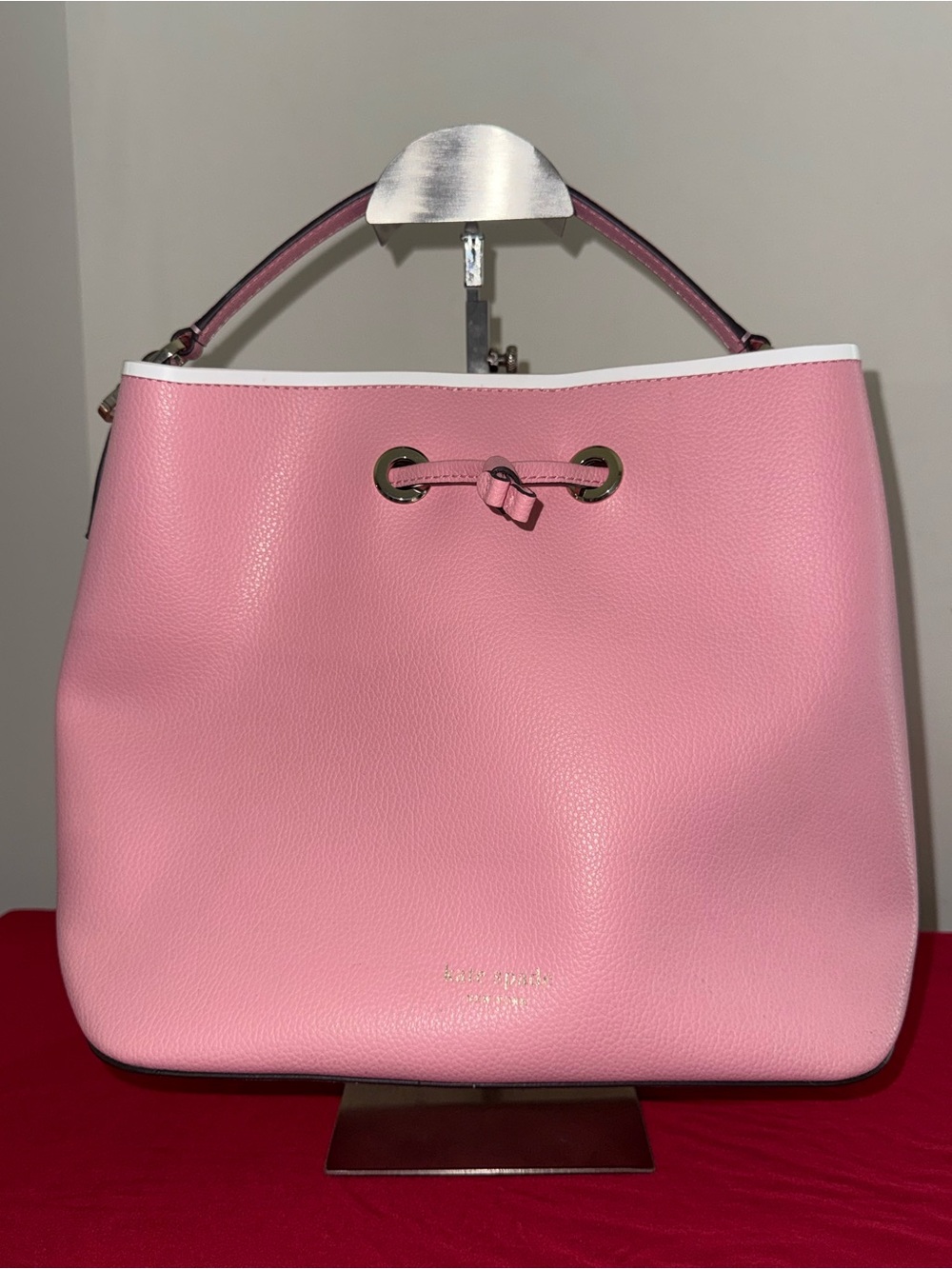 kate spade Pink Pebbled Leather Drawstring Shoulder Bag with White Trim